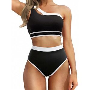 Black White One Shoulder Bikini Set High Cut Bottom Minimal Sporty Swimwear XL
